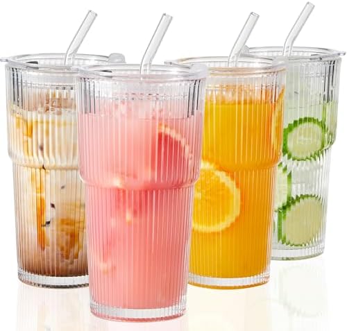 Wells 20oz Glass Cups with Lids and Straws, Ribbed Iced Coffee Cups