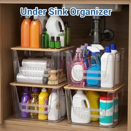 3 Set Pantry Organizers and Storage with Bamboo Lids, Stackable Clear