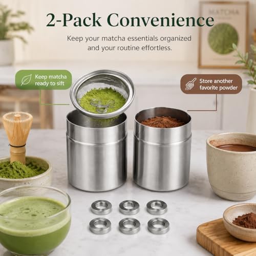 Xuronex 2-Pack Matcha Powder Sifter and Storage Tin Set, Stainless