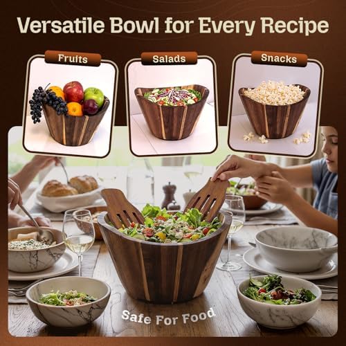 Acacia Wood Salad Bowl Set with Serving Hands, 10” Diameter, 6” Height