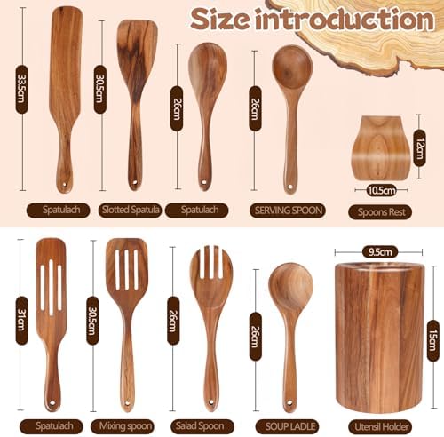MYRAINBOW 10-Piece Teak Wooden Utensil Set with Holder