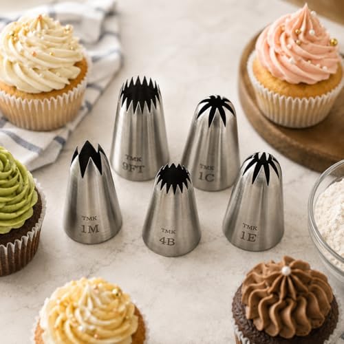 5 Pack Stainless Steel Seamless Piping Icing Tips #9FT 1C 1E 1M 4B