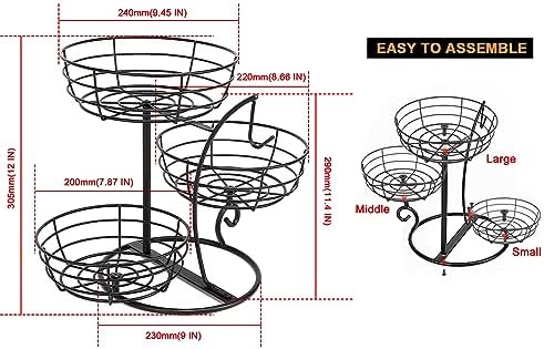 Livabber Fruit Basket Bowl with Banana Hanger, Fruit Vegetable Storage Basket with Banana Tree Holder for Kitchen Counter, Detachable Organizer for Bread Snack Produce (Black, 3-Tier Metal Base)