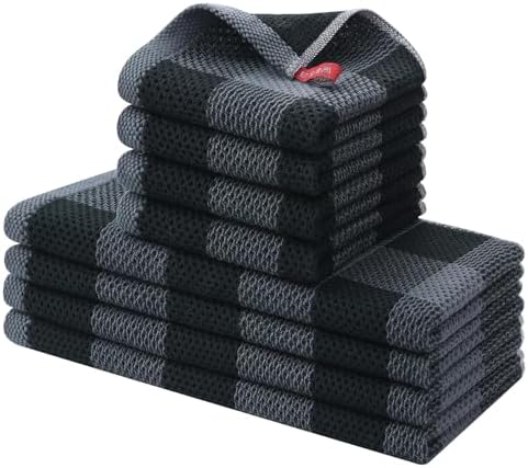 Homaxy 100% Cotton Kitchen Towels and Dishcloths Set of 8, Black &