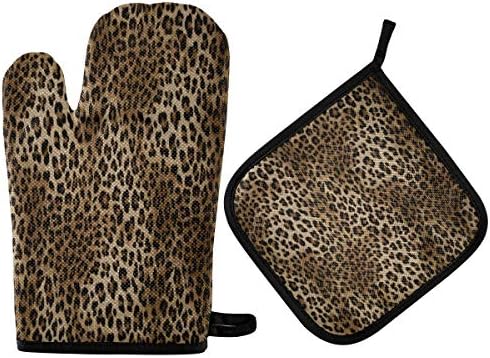 QMXO Animal Leopard Skin Oven Mitts Quilted Cotton Lining Potholders