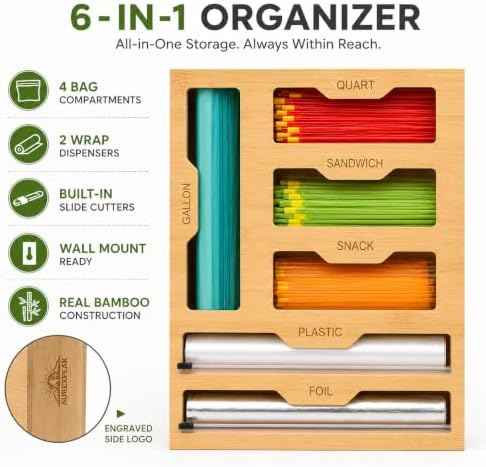 Bamboo 6-in-1 Foil and Plastic Wrap Organizer for Kitchen Drawers