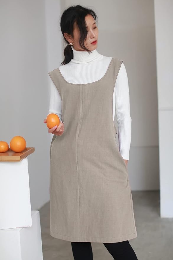 Cotton Linen Japanese Apron Halter Cross Back Bandage X Shape Aprons Two Pockets - Image 5