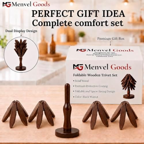 Foldable Black Walnut Wooden Trivet Set for Hot Dishes - 4 Trivets + 1