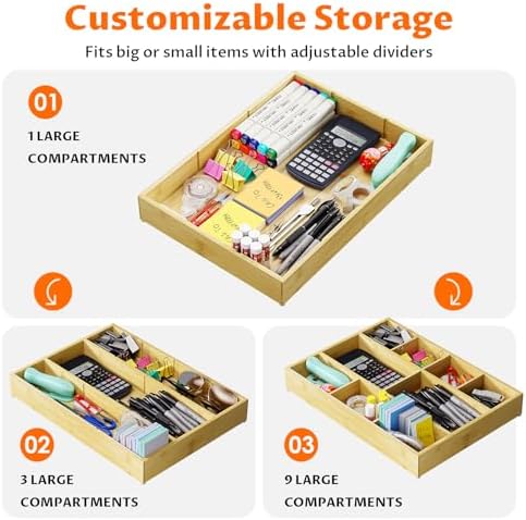 Bamboo Drawer Organizer with 9 Adjustable Compartments, Desk Storage