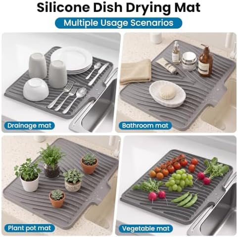 Silicone Dish Drying Mat, 16"x 13.7" Kitchen Drying Mat with Built-in