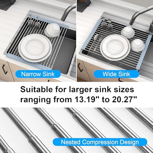 20.27 x 13.19 Inch Roll Up Dish Drying Rack, Expandable Over Sink Drying Rack 304 Stainless Steel Drainer for Counter Kitchen Home RV Essentials Foldable Over Sink Drying Rack, Grey
