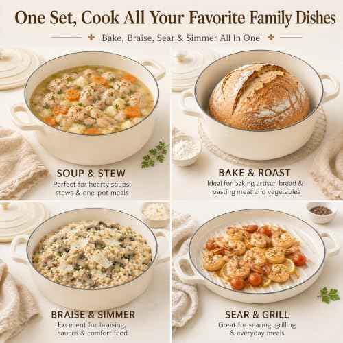 AHJ Enameled Cast Iron Dutch Oven Set - 4 Piece Cookware Set with Lids