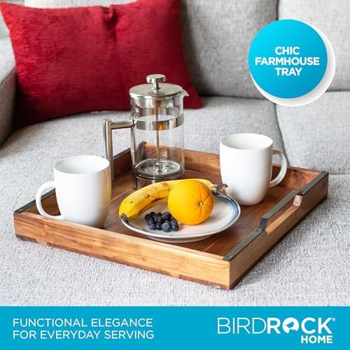 Acacia Wood Serving Tray with Handles - 16 Inch Square Large Serving