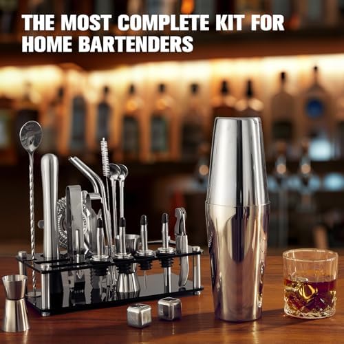 KINGROW Cocktail Shaker Set, 23 Piece Bartender Kit with Stand Silver