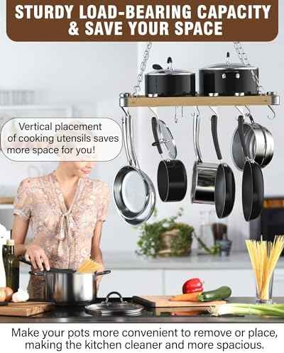 Cooks Standard Classic Ceiling Wood Pot Rack, 24x18 Inch Heavy Duty Hanging Cookware Organizer with Metal Grate & Solid Cast Aluminum Hooks, Movable Tracks Design