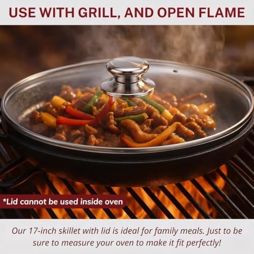 Extra Large Pre-Seasoned 17 Inch Cast Iron Skillet With Lid, Double Handle