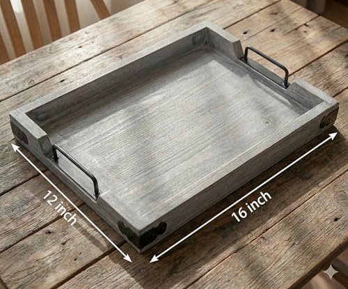 Wooden Rustic Large Serving Tray with Handles | Gray | Vintage Style