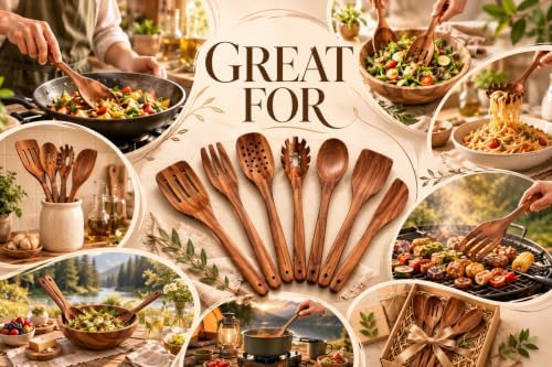 8 Inch Acacia Wood Salad Server Set Wooden Mixing Tongs Dinner Fork &