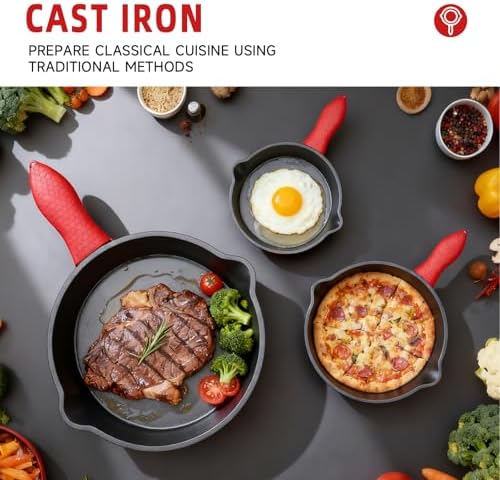 6/8/10 Inch Seasoned Skillet 3-Piece Set, for Frying, Saute, &More, for Oven, Stove, Grill, or Campfire, Black, with Silicone Handle Grip Covers