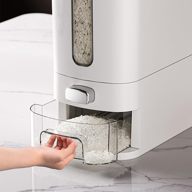 IEEK Rice Dispenser 12 Lbs,Large Cereal Dry Food Storage Containers Rice Storage Container Sealed Moisture Proof with Measuring Cup for Kitchen Pantry Household, White and Grey
