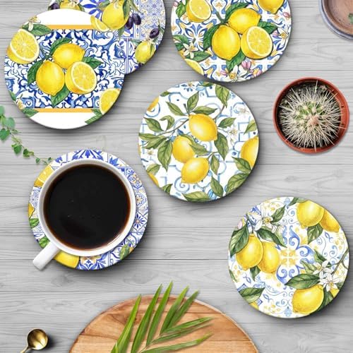 Coasters for Drinks, Set of 6, Ceramic Stone Yellow Blue