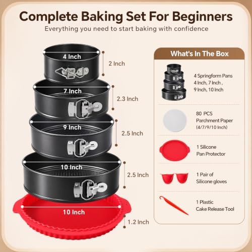 4PCS Springform Pan Set, 4, 7, 9, 10 Inch Cheesecake Pans, Removable