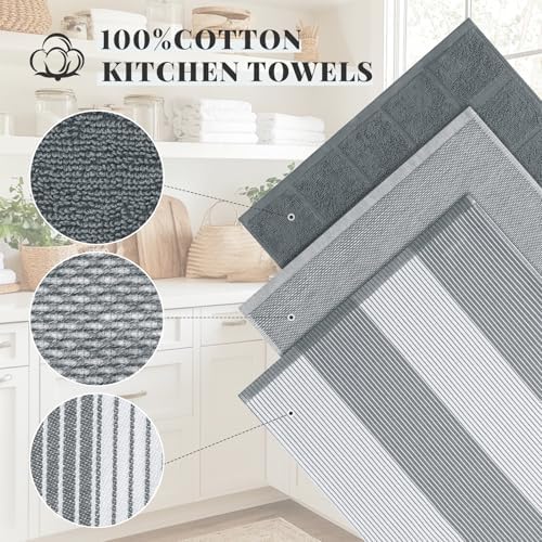 Homaxy 6 Pack Cotton Terry Premium Kitchen Towels, 18 x 28 in, Grey