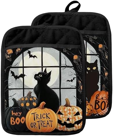 Black Cat Pumpkin Halloween Pot Holders, Set of 2