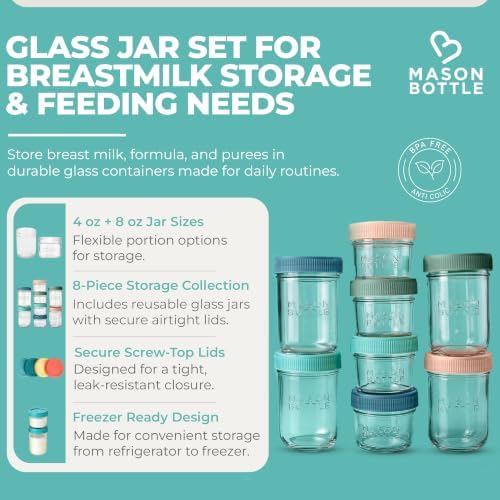 Mason Bottle 8-Pack Breastmilk Storage Jars, 4 oz & 8 oz
