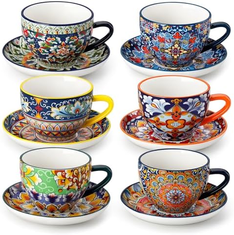 vancasso 8 Oz Cappuccino Cups, Porcelain Tea Cups and Saucers Set of 6