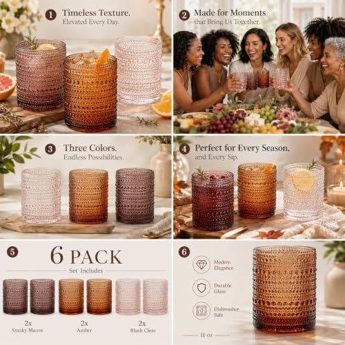 Venus Amber Brown Hobnail Highball Glasses Vintage Tumblers Set of 6