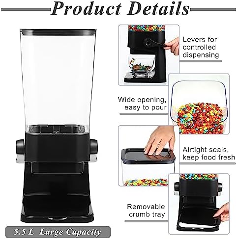 Hoolerry 3 Pack Cereal Dispenser Countertop 5500ml Large Cereal Containers Storage Dispenser Dry Food Dispenser Storage Rice Candy Dispenser Machine for Oatmeal Pet Food Home Office Pantry Bar (Black)