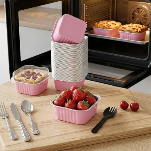 60 Pack 5oz Mini Cake Pans with Lids Aluminum Foil Square Baking Cups