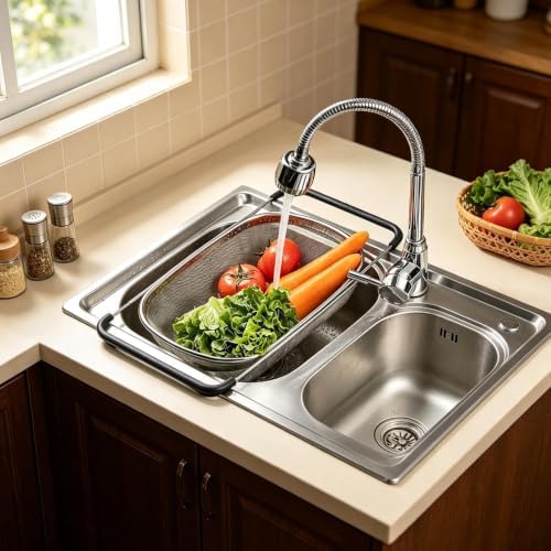 Expandable Stainless Steel Over Sink Colander, Fine Mesh Strainer