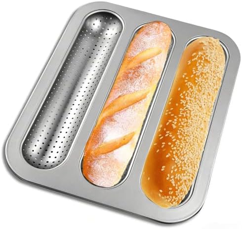 French Bread Baking Pan, 3-Cavity Baguette Pan, Silver 1 Pack