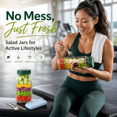 Nexoro 2 Pack Salad Jar with Side Opening Lid, Salad Bowl Container