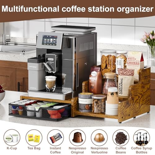 Coffee Station Organizer with K Cup Holder, 28 Pod Capacity,3-Tier Syrup Rack with Coffee Pod Holder Drawer, Coffee Bar organizer Countertop for Accessories,Rustic Brown