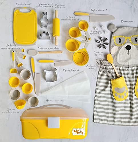 Kids Baking Set 35-Piece with Teddy Bear Apron, Kid Friendly Knives