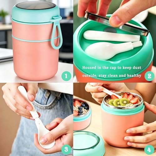 Dual-Compartment Insulated Food Jar with Topping Tray, 24oz Stainless