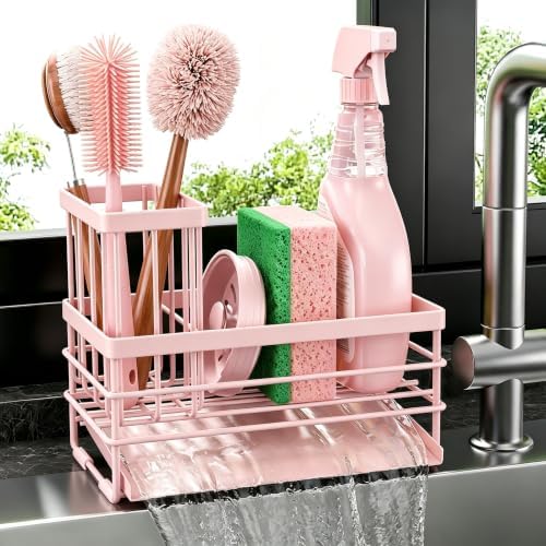Cisily Pink Sink Caddy Sponge Holder for Kitchen with Brush Holder and