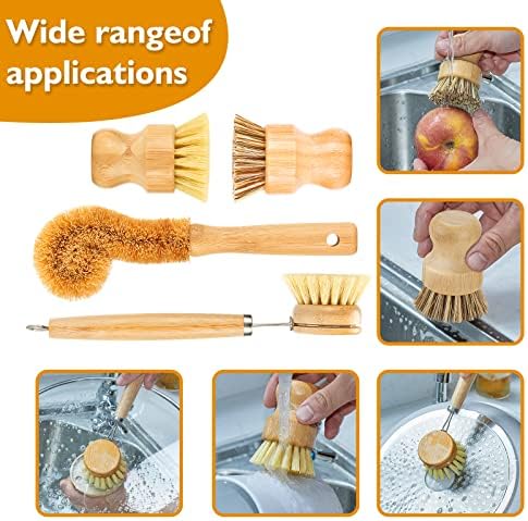 SAMEBUTECO Bamboo Dish Brush Set, 4 Tools, Natural Bristles
