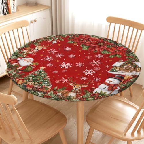Christmas Red Round Fitted Tablecloth with Elastic for 40-44" Tables