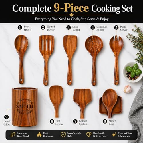 Personalized 9-Piece Natural Teak Wood Utensil Set