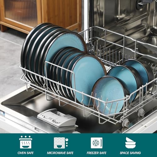 vancasso Plates and Bowls Sets, 24 Pieces Stoneware Dinnerware Sets for 8, Kitchen Dish Set Mircowave and Dishwasher Safe Ceramic Dishware, Blue, Series AMBER
