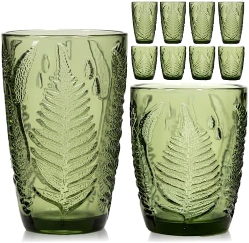 Green Drinking Glasses Set of 8 - 12 & 10 oz, Vintage Boho Fern Glass