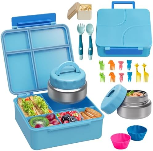Bento Lunch Box with 9.5 oz Soup Thermo, Kids Leakproof 4 Compartments