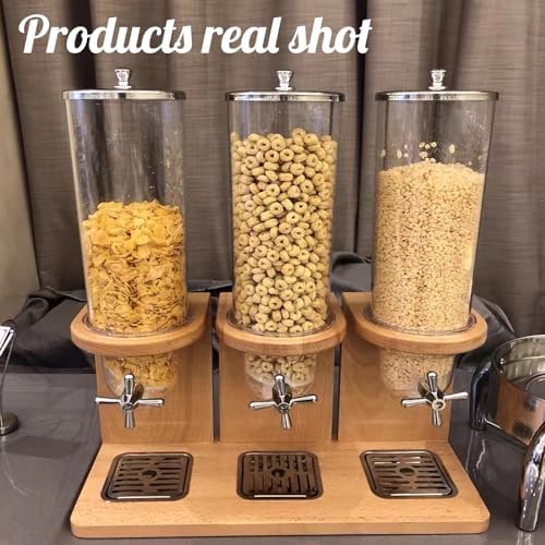 Easy Clean Cereal Dispenser Dry Food Dispenser Countertop Cereal Container Storage Dispenser with PC Bucket And Wooden Base,three barrel