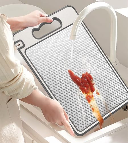 3Pcs Cutting Board Set for Kitchen, 16"*11"(1pack)&14.4"*9.8"(2pack), Double Sided 304 Stainless Steel & Wheat Straw, Scratch Resistant Mesh Design, Non Toxic Chopping Board for Meat, Dishwasher Safe