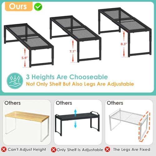 2 Pack Expandable Kitchen Cabinet Shelf Organizer, 15.5"-25.5" Long Adjustable Storage Shelves Organizers for Kitchen Countertop Pantry Cupboard Table Desk Counter, Stackable, 30LBS Load Capacity