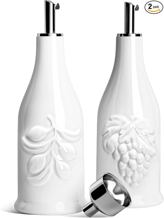 HOMBENE Ceramic Oil & Vinegar Dispenser Set, 12 oz/350ml, 2 Pack, Dripless Spout by HOMBENE